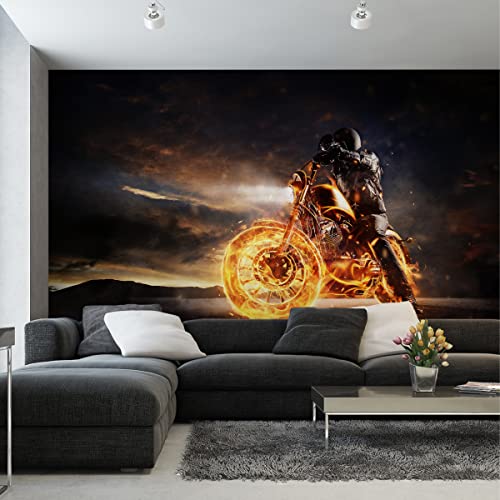 Wallepic Vlies Fototapete Flammen Brennen Motorrad Extreme Sport 254 x 184 Moderne Tapete XXL Rennen 3D Effekt Wohnzimmer Schlafzimmer Büro Flur Mehrfarbig Abstrakt Br.254xHö.184 von Wallepic