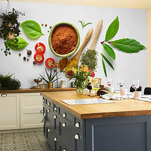 Wallepic Vlies Fototapete Küche Gewürze Pflanzen Natur Paprika 152,5 x 104 Moderne Tapete XXL Kräuter Blätter Holzoptik Küche Esszimmer Restaurant Mehrfarbig Abstrakt Br. 152,5 cm x Hö. 104 cm von Wallepic