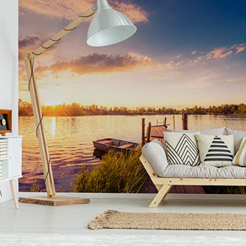 Wallepic Vlies Fototapete Natur See Bootssteg Holz Boot 254 x 184 Moderne Tapete XXL Himmel Sonnenuntergang Bäume Wohnzimmer Schlafzimmer Büro Flur Wandtapete Br. 254 cm x Hö. 184 cm von Wallepic