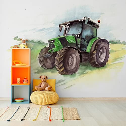 Wallepic Vlies Fototapete Traktor Grün Natur Feld Pflanzen 152,5 x 104 Moderne Tapete XXL Himmel Wolken Abstrakt Wohnzimmer Schlafzimmer Büro Flur Wandtapete Abstrakt Br. 152,5 cm x Hö. 104 cm von Wallepic