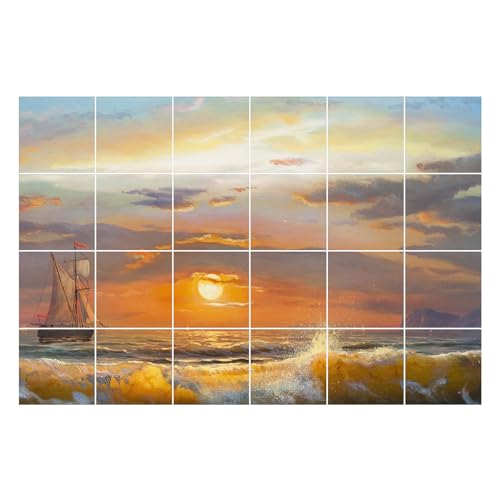 Fliesenaufkleber 20x20 cm Vinyl Mehrfachpackung (24 Stück) Wasserdicht Spritzwassergeschützt – Sonnenuntergang über dem Meer von Wallfluent