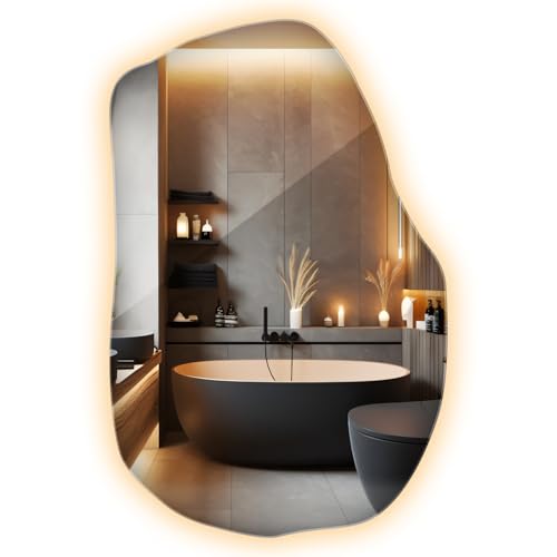Glas Spiegel LED Weiß Warm 70x45,5 cm Wellige Form Wandspiegel Ohne Rahmen Warmes Licht Beleuchtet Hängend Organischer Aspekt Glatte Kanten Industrial-Stil Diffuses Licht von Wallfluent