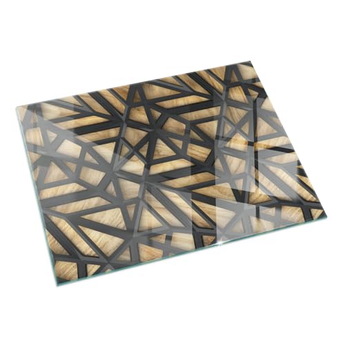 Kamin Bodenplatte Glas 60x40 cm Herdboden Glas Fleckenbeständigkeit Sicherungsblech Polierte Kanten Thermischer Schutz Bodenbelag Wohnzimmer Wasserdicht - Geometrie mit Holz von Wallfluent