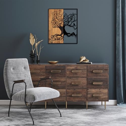 Decorative Wooden Wall Accessory, Black & Walnut, 49 x 3 x 58 cm | 50% Wood (3 cm) & 50% Metal (1.5 mm) | Unique Design for Stylish Home Decor von Wallity