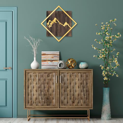Elegant Decorative Wooden Wall Accessory, 54 x 54 cm, Walnut & Gold | 50% Wood (3 cm) & 50% Metal (1.5 mm) | Wall-Mountable, Unique Texture Variations von Wallity