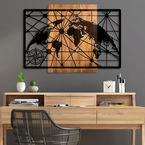 Elegant Decorative Wooden Wall Accessory, 70 x 99 cm | 100% Real Wood (3 cm) & Metal (1.5 mm) | Unique Walnut & Black Finish, Perfect for Home Decor von Wallity