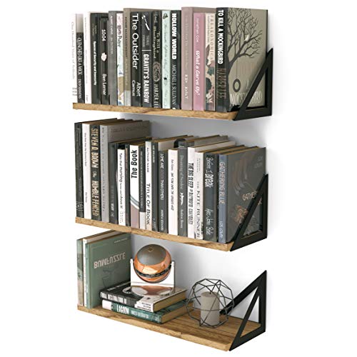 Wallniture Schwimmende Regale von Minori 3er-Set, kleine Bücherregaleinheit für Wohnzimmer, Büro und Schlafzimmer, Wanddekor aus natürlich gebranntem rustikalem Holz mit schwimmender Metallhalterung von Wallniture