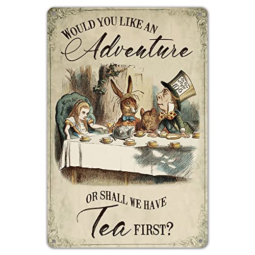 PAGAIXI Unique Plaques Poster für Bar, Garage, Man Cave Home Wall Decor Alice im Wunderland – Shall we Have Tea First Blechschild, 20,3 x 30,5 cm, Metallschilder, Vintage, lustig von Wallors