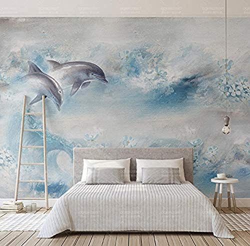 Wandbild Große Wandtuch Hellblaue Delphin Blumen Wallpaper Abstrakte TV Hintergrund Wandverkleidung Wanddekoration fototapete 3d Tapete effekt Vlies wandbild Schlafzimmer-250cm×170cm von Wallpaper-3D-WYJ