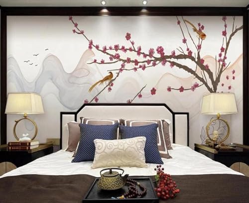Abstrakte Berggipfel Zweige Blumen Vögel 3D Tapete Mit Einfacher Anbringung Büro Wohnzimmer Sofa Schlafzimmer TV Hintergrund Wanddekoration-200cm×140cm von Wallpaper-3D-XLM