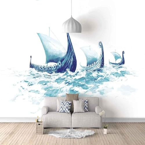Abstraktes Handgemaltes Blaues Segelboot 3D Tapete Mit Einfacher Anbringung Büro Wohnzimmer Sofa Schlafzimmer TV Hintergrund Wanddekoration-250cm×170cm von Wallpaper-3D-XLM