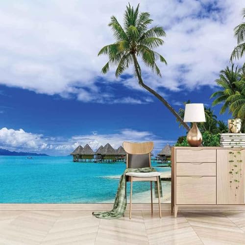 Blauer Himmel Weiße Wolken Meer Kokospalmen Strand 3D Tapete Mit Einfacher Anbringung Büro Wohnzimmer Sofa Schlafzimmer TV Hintergrund Wanddekoration-150cm×105cm von Wallpaper-3D-XLM