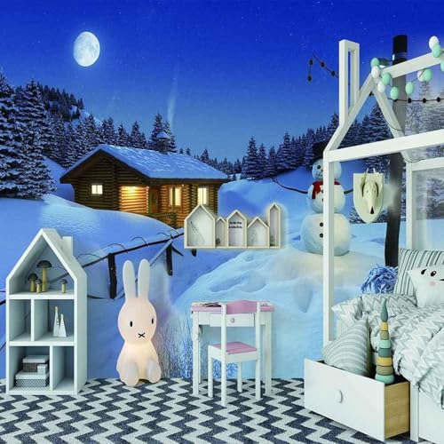 Blauer Sternenhimmel Wald Haus Schneemann 3D Tapete Mit Einfacher Anbringung Büro Wohnzimmer Sofa Schlafzimmer TV Hintergrund Wanddekoration-200cm×140cm von Wallpaper-3D-XLM