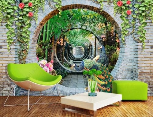 Bogen Grüne Blätter Blumen Pfau Kunst 3D Tapete Mit Einfacher Anbringung Büro Wohnzimmer Sofa Schlafzimmer TV Hintergrund Wanddekoration-150cm×105cm von Wallpaper-3D-XLM
