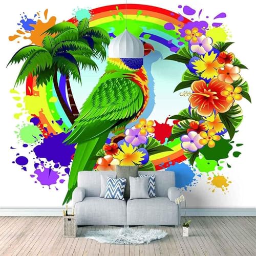 Buntes Doodle Blume Tier Papagei Baum 3D Tapete Mit Einfacher Anbringung Büro Wohnzimmer Sofa Schlafzimmer TV Hintergrund Wanddekoration-300cm×210cm von Wallpaper-3D-XLM