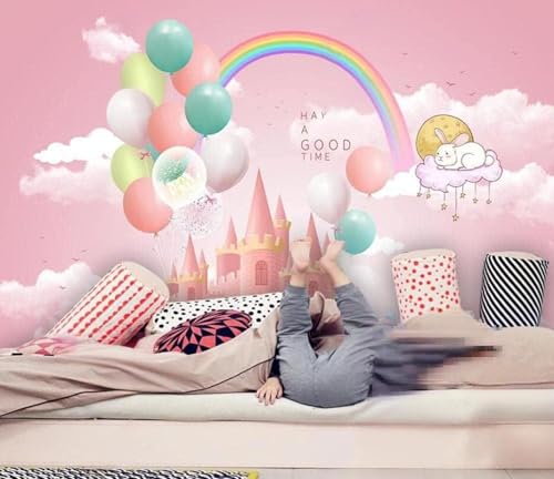 Cartoon Rosa Schloss Ballon Regenbogen 3D Tapete Mit Einfacher Anbringung Büro Wohnzimmer Sofa Schlafzimmer TV Hintergrund Wanddekoration-430cm×300cm von Wallpaper-3D-XLM