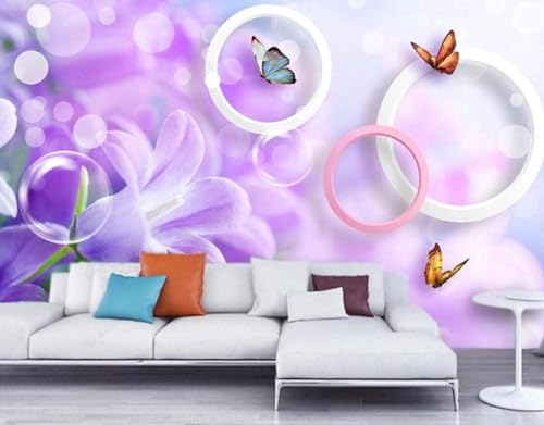 Geometrischer Runder Lila Blume Schmetterling 3D Tapete Mit Einfacher Anbringung Büro Wohnzimmer Sofa Schlafzimmer TV Hintergrund Wanddekoration-250cm×170cm von Wallpaper-3D-XLM