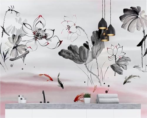 Handgemalte Kunst Aquarell Linie Lotus Teich 3D Tapete Mit Einfacher Anbringung Büro Wohnzimmer Sofa Schlafzimmer TV Hintergrund Wanddekoration-250cm×170cm von Wallpaper-3D-XLM