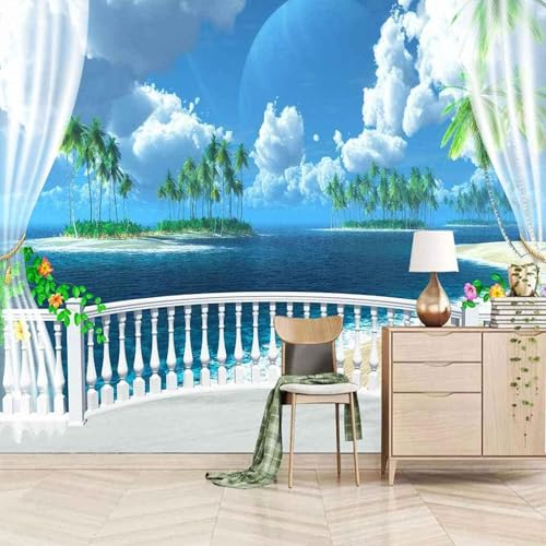 Himmel Kokospalmenhain Meer Balkon Blumen 3D Tapete Mit Einfacher Anbringung Büro Wohnzimmer Sofa Schlafzimmer TV Hintergrund Wanddekoration-150cm×105cm von Wallpaper-3D-XLM