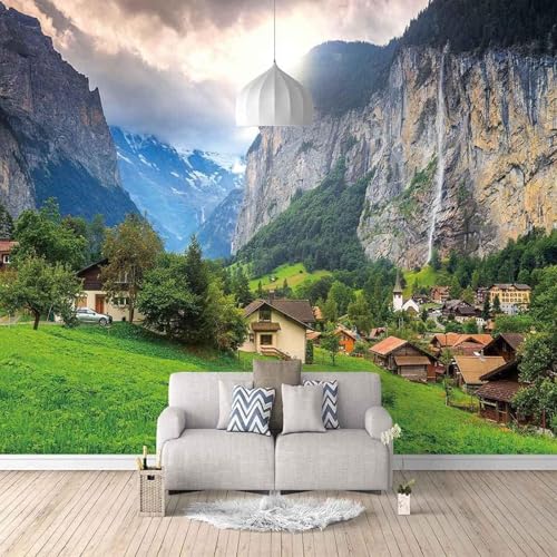 Kubische Klippe Wasserfall Wiese Haus 3D Tapete Mit Einfacher Anbringung Büro Wohnzimmer Sofa Schlafzimmer TV Hintergrund Wanddekoration-300cm×210cm von Wallpaper-3D-XLM