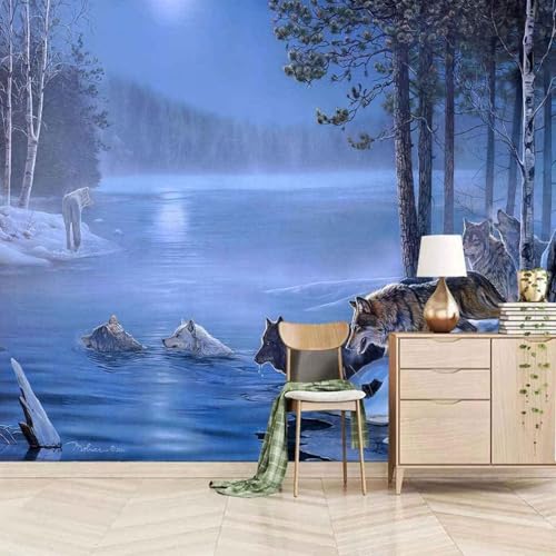 Kubischer Wald Fluss Tier Wolf Schneelandschaft 3D Tapete Mit Einfacher Anbringung Büro Wohnzimmer Sofa Schlafzimmer TV Hintergrund Wanddekoration-150cm×105cm von Wallpaper-3D-XLM