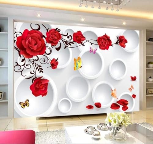 Rote Blume Geometrischer Kreis Schmetterling 3D Tapete Mit Einfacher Anbringung Büro Wohnzimmer Sofa Schlafzimmer TV Hintergrund Wanddekoration-200cm×140cm von Wallpaper-3D-XLM