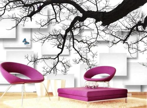 Schmetterlinge Bäume Schwarz Weiß Geometrisch 3D Tapete Mit Einfacher Anbringung Büro Wohnzimmer Sofa Schlafzimmer TV Hintergrund Wanddekoration-250cm×170cm von Wallpaper-3D-XLM