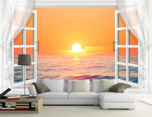 Schöner Warmer Sonnenaufgang Meer Fenster 3D Tapete Mit Einfacher Anbringung Büro Wohnzimmer Sofa Schlafzimmer TV Hintergrund Wanddekoration-250cm×170cm von Wallpaper-3D-XLM