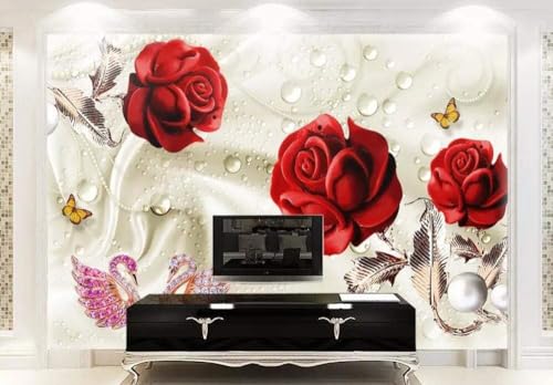 Tapete 3D Schwan Seide Rote Rose 3D TV Hintergrund Schlafzimmer Wandbilder Moderne Tapete Wanddekoration fototapete 3d Tapete effekt Vlies wandbild Schlafzimmer-430cm×300cm von Wallpaper-3D-XLM