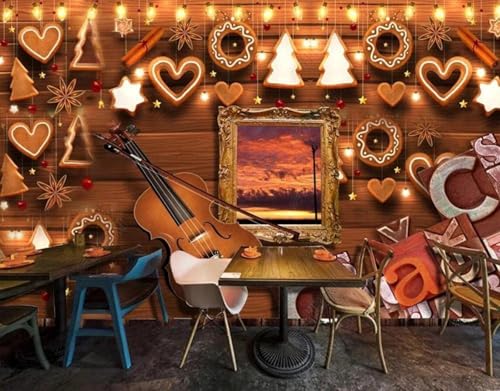 Vintage Holz Maserung Buchstaben Musikinstrumente Kreativ 3D Tapete Mit Einfacher Anbringung Büro Wohnzimmer Sofa Schlafzimmer TV Hintergrund Wanddekoration-350cm×256cm von Wallpaper-3D-XLM