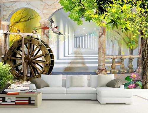 Vogel Lotus Grün Baum Raum Ausdehnung 3D Tapete Mit Einfacher Anbringung Büro Wohnzimmer Sofa Schlafzimmer TV Hintergrund Wanddekoration-150cm×105cm von Wallpaper-3D-XLM