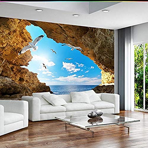 Meer Insel Höhle Möwe Wandbild Benutzerdefinierte natürliche Landschaft Hintergrundwand Wohnzimmer Schlafzimmer Tap Tapete wandpapier fototapete 3d effekt tapeten Wohnzimmer Schlafzimmer-300cm×210cm von Wallpaper-3D-XYM