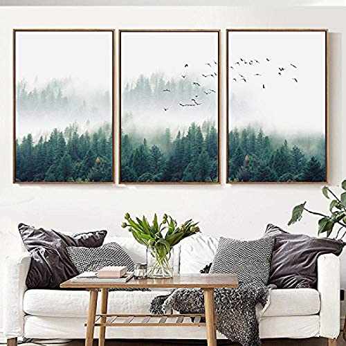 Nordic Modern Misty Forest Birds Landscape Leinwandmalerei Posterdruck auf Leinwand 3-teiliges Wandkunstbild Wohnzimmer Home Office Decor Frameless 50 cm*70 cm von Wallpaper M