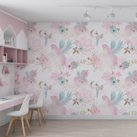 Rosa Einhorn Tapete Für Kinderzimmer, Wandbild Mädchen, Schälen Und Aufkleben, Kinderzimmer von WallpaperWallheart