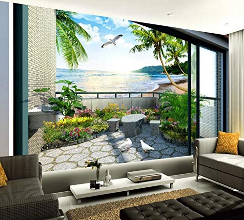 Tapete 3D Fototapete Balkon Garten Meerblick Zimmer Tapeten 3D Effekt Vliestapete Moderne Wanddeko von WallpaperxMural