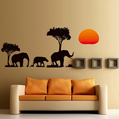 Wallpark Afrikanischer Elefant Sonnenuntergang Silhouette Wandsticker, Wald Wild Tier Dschungel Abnehmbare Wandtattoo, Wohnzimmer Schlafzimmer Haus Dekoration Klebstoff DIY Kunst Wandaufkleber von Wallpark