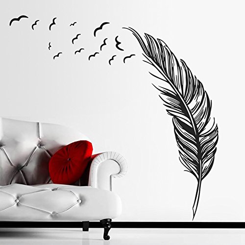 Wallpark Künstlerisch Einfach Schwarz Feder Fliegend Vogel Abnehmbare Wandsticker Wandtattoo, Wohnzimmer Schlafzimmer Haus Dekoration Klebstoff DIY Kunst Wandaufkleber von Wallpark