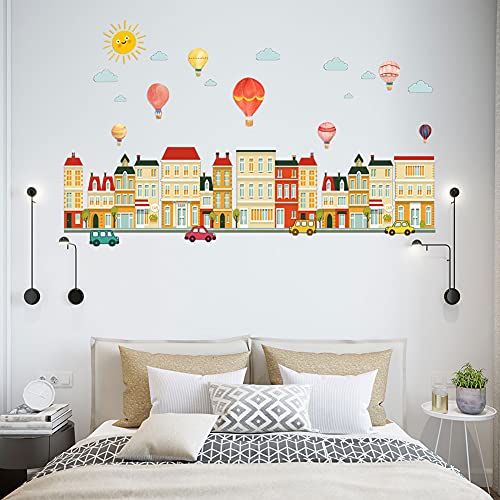 Wallpark Modern Stadt Gebäude Wandtattoo Heißluftballon Auto Wandsticker, Kinder Kids Baby Hause Zimmer Kinderzimmer DIY Dekorativ Klebstoff Kunst Wandaufkleber von Wallpark