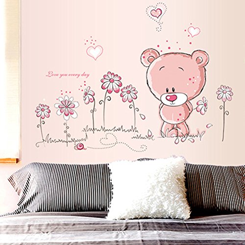 Wallpark Niedlich Rosa Bär Romantisch Blume Abnehmbare Wandsticker Wandtattoo, Kinder Kids Baby Hause Zimmer Kinderzimmer DIY Dekorativ Klebstoff Kunst Wandaufkleber von Wallpark