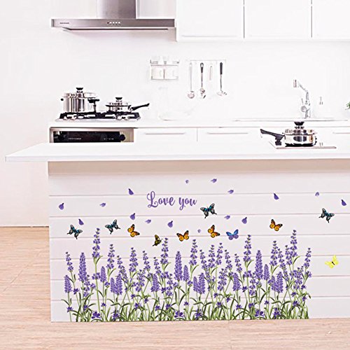 Wallpark Romantisch Lila Lavendel Blume Schmetterling Ecke Fußleiste Abnehmbare Wandsticker Wandtattoo, Wohnzimmer Schlafzimmer Haus Dekoration Klebstoff DIY Kunst Wandaufkleber von Wallpark