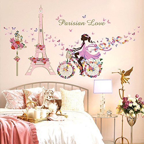 Wallpark Romantisch Rosa Paris Turm Fee Mädchen auf Blumen Schmetterlinge Fahrrad Abnehmbare Wandsticker Wandtattoo, Kinder Kids Baby Hause Zimmer Kinderzimmer DIY Dekorativ Kunst Wandaufkleber von Wallpark