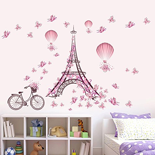 Wallpark Romantisch Rosa Schmetterling Paris Eiffelturm Blume Heißluft-Ballon Abnehmbare Wandsticker Wandtattoo, Kinder Kids Baby Hause Zimmer Kinderzimmer DIY Dekorativ Klebstoff Kunst Wandaufkleber von Wallpark