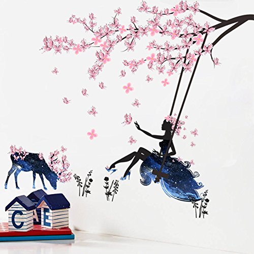 Wallpark Rosa Schmetterling Blume Baum Schwingen Blume Fee Mädchen in Blau Sternenklar Himmel Rockes Abnehmbare Wandsticker Wandtattoo, Kinder Kids Baby Hause Zimmer Kinderzimmer DIY Wandaufkleber von Wallpark