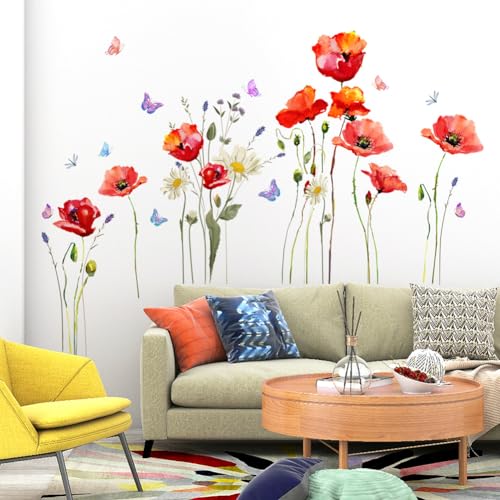 Wallpark Rot Mohn Blumen Schmetterlinge und Libellen Abnehmbare Wandsticker Wandtattoo, Wohnzimmer Schlafzimmer Haus Dekoration Klebstoff DIY Kunst Wandaufkleber von Wallpark