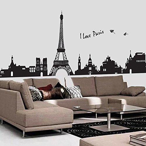 Wallpark Schwarz Paris Stadt Eiffelturm Gebäude Abnehmbare Wandsticker Wandtattoo, Wohnzimmer Schlafzimmer Haus Dekoration Klebstoff DIY Kunst Wandaufkleber von Wallpark