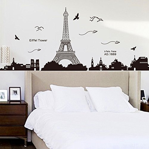 Wallpark Schwarz Paris Stadt Eiffelturm Papierflugzeug Silhouette Abnehmbare Wandsticker Wandtattoo, Wohnzimmer Schlafzimmer Haus Dekoration Klebstoff DIY Kunst Wandaufkleber von Wallpark