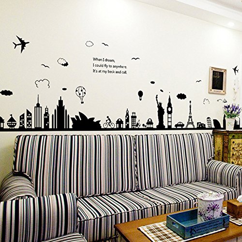 Wallpark Schwarz Stadt Silhouette Berühmt Gebäude Abnehmbare Wandsticker Wandtattoo, Wohnzimmer Schlafzimmer Haus Dekoration Klebstoff DIY Kunst Wandaufkleber von Wallpark