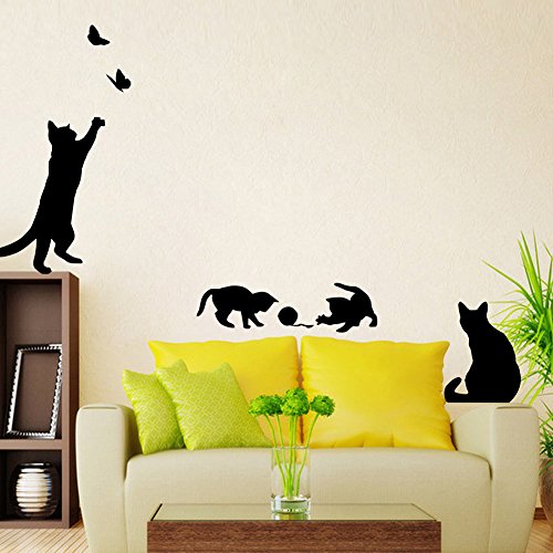 Wallpark Spaß Leben Glücklich Katze Schwarz Katze Schmetterling Abnehmbare Wandsticker Wandtattoo, Wohnzimmer Schlafzimmer Haus Dekoration Klebstoff DIY Kunst Wandaufkleber von Wallpark