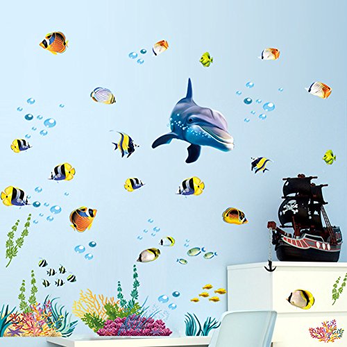 Wallpark Unterwasser Welt Delphin Fisch Algen Koralle Abnehmbare Wandsticker Wandtattoo, Kinder Kids Baby Hause Zimmer Kinderzimmer DIY Dekorativ Klebstoff Kunst Wandaufkleber von Wallpark