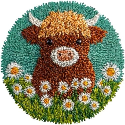DIY Knüpfteppich Zum Selber Knüpfen,Niedliche braune Hochlandkuh in Gänseblümchenblumen,Knüpfpackungen Für Teppiche Zum Selbermachen Für Familie Und Freunde,Handarbeit,Bastelset,Geschenk,50x50cm von Wallphantom